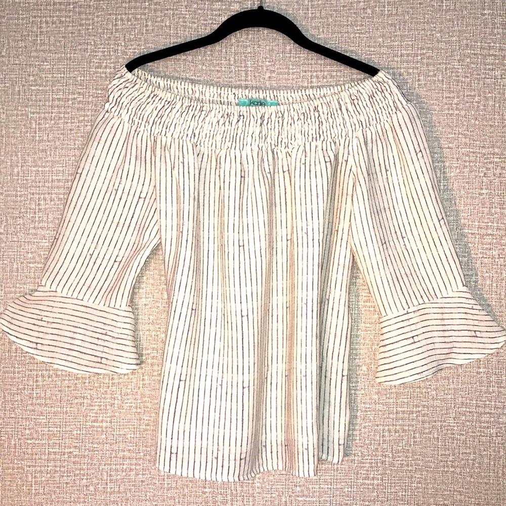 Karlie Off the Shoulder Bell Sleeve Smocked Stripe